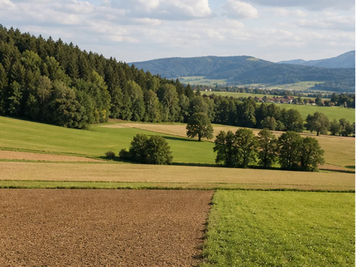 Acker, Grünland und Waldrand als österreichischer Grundbesitz